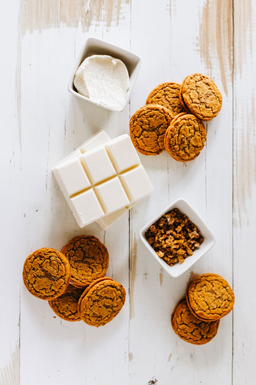 an overhead image showing the measured ingredients needed to make a batch of oatmeal cream pie cake pops