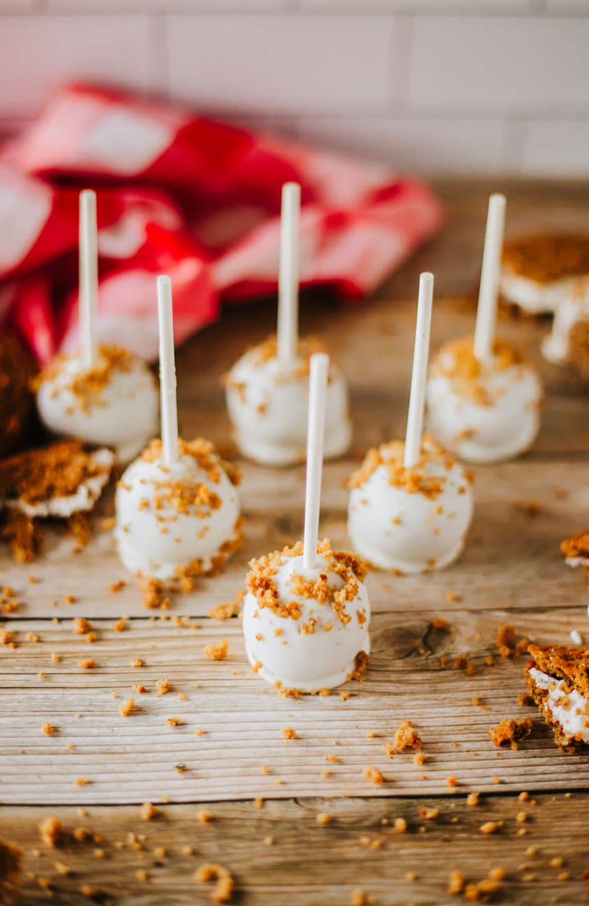 oatmeal cream pie cake pops on a wooden table