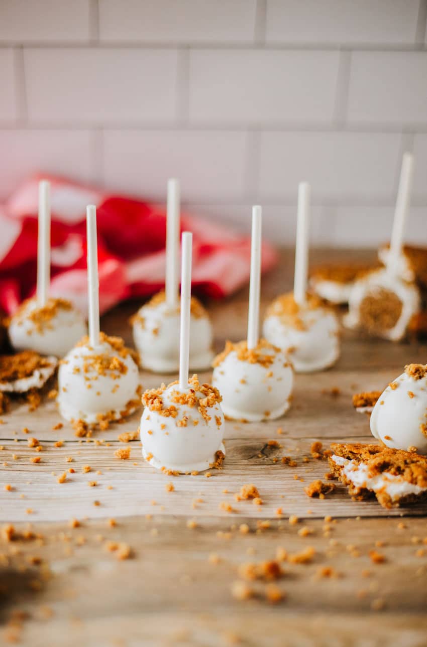 oatmeal cream pie cake pops on a wooden table