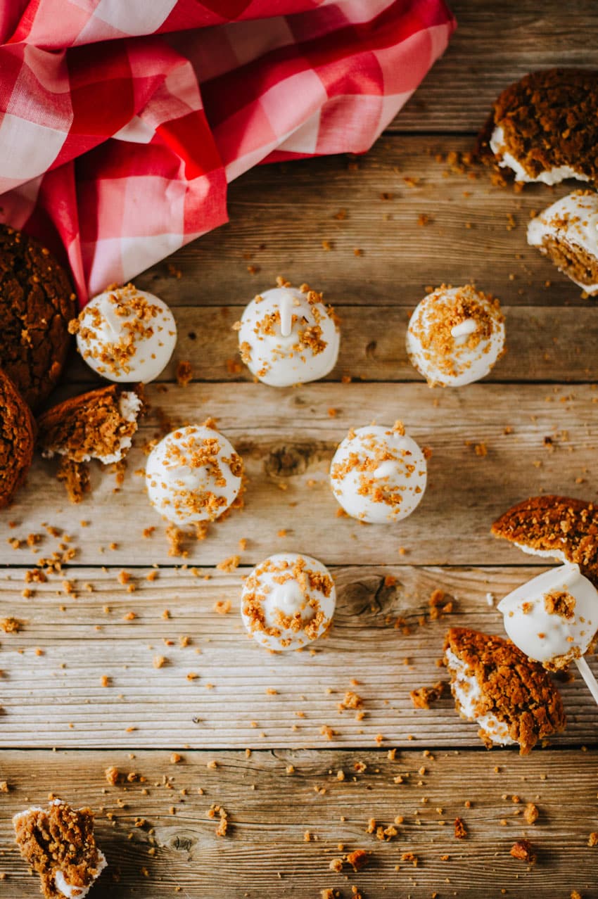 oatmeal cream pie cake pops on a wooden table