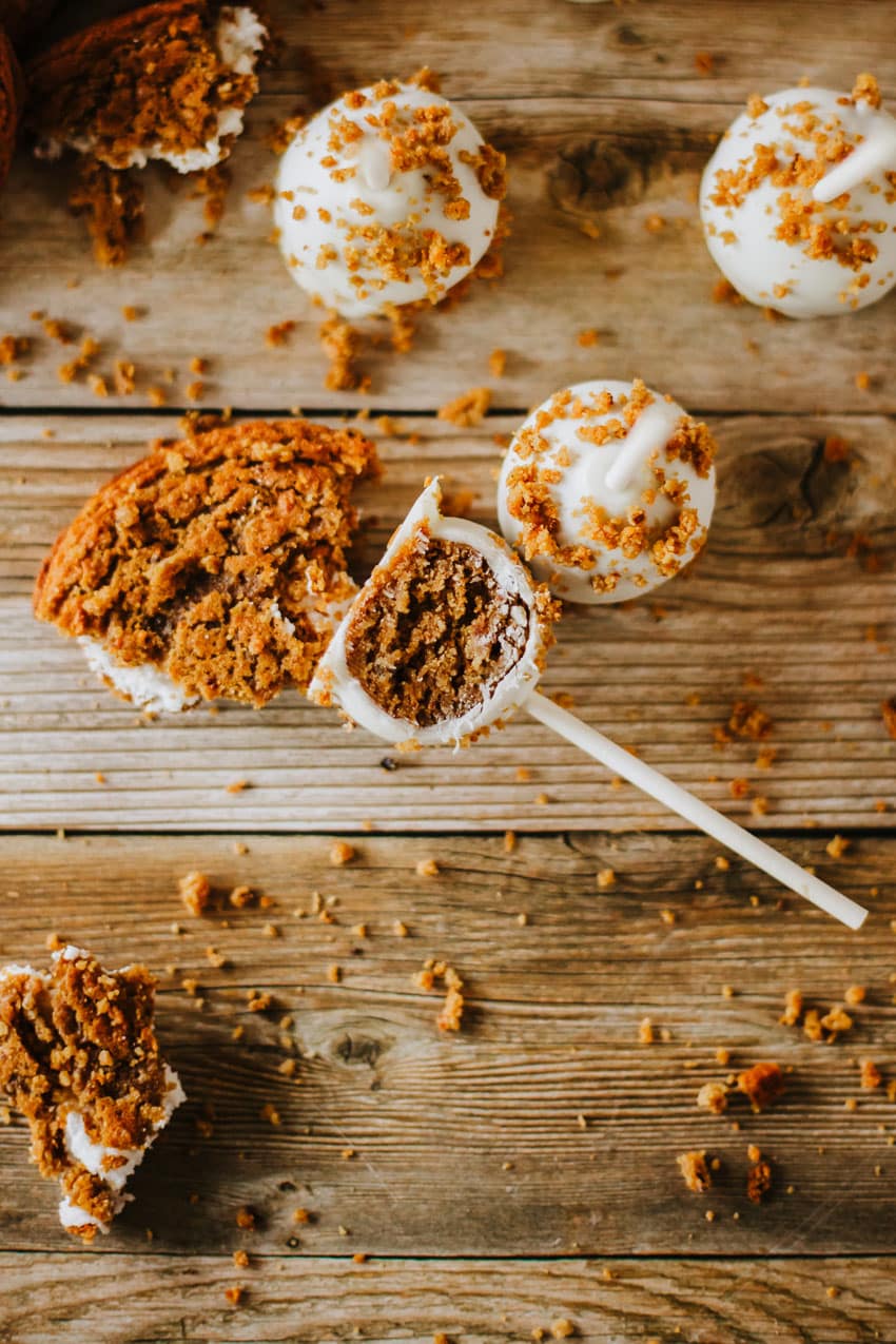 oatmeal cream pie cake pops on a wooden table