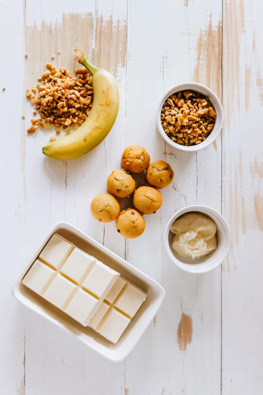 an overhead image showing the measured ingredients needed to make a batch of banana bread cake pops
