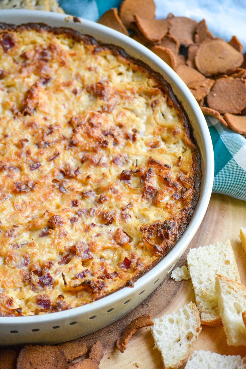 baked reuben dip in a ceramic baking dish