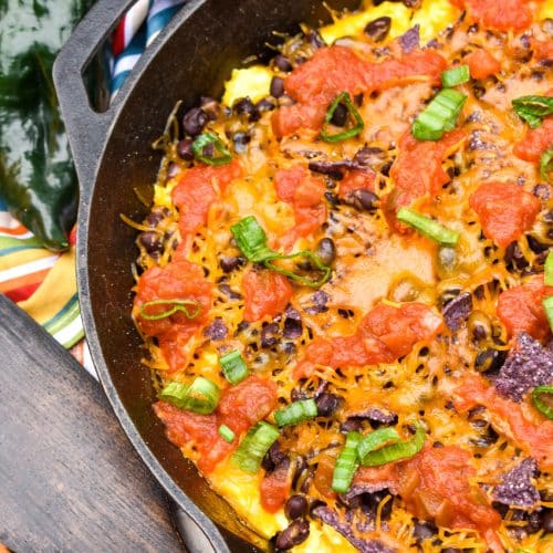 southwestern breakfast scramble in a large black cast iron skillet