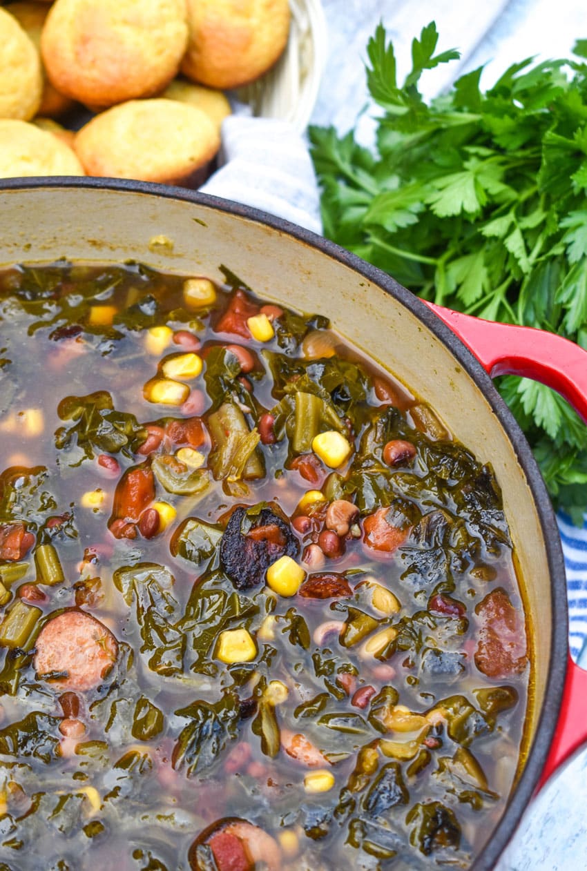 swamp soup in a large red dutch oven