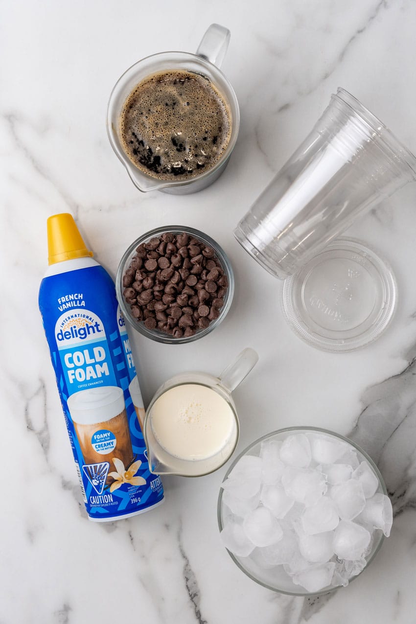 an overhead image showing the measured ingredients needed to make a batch of crackle coffee