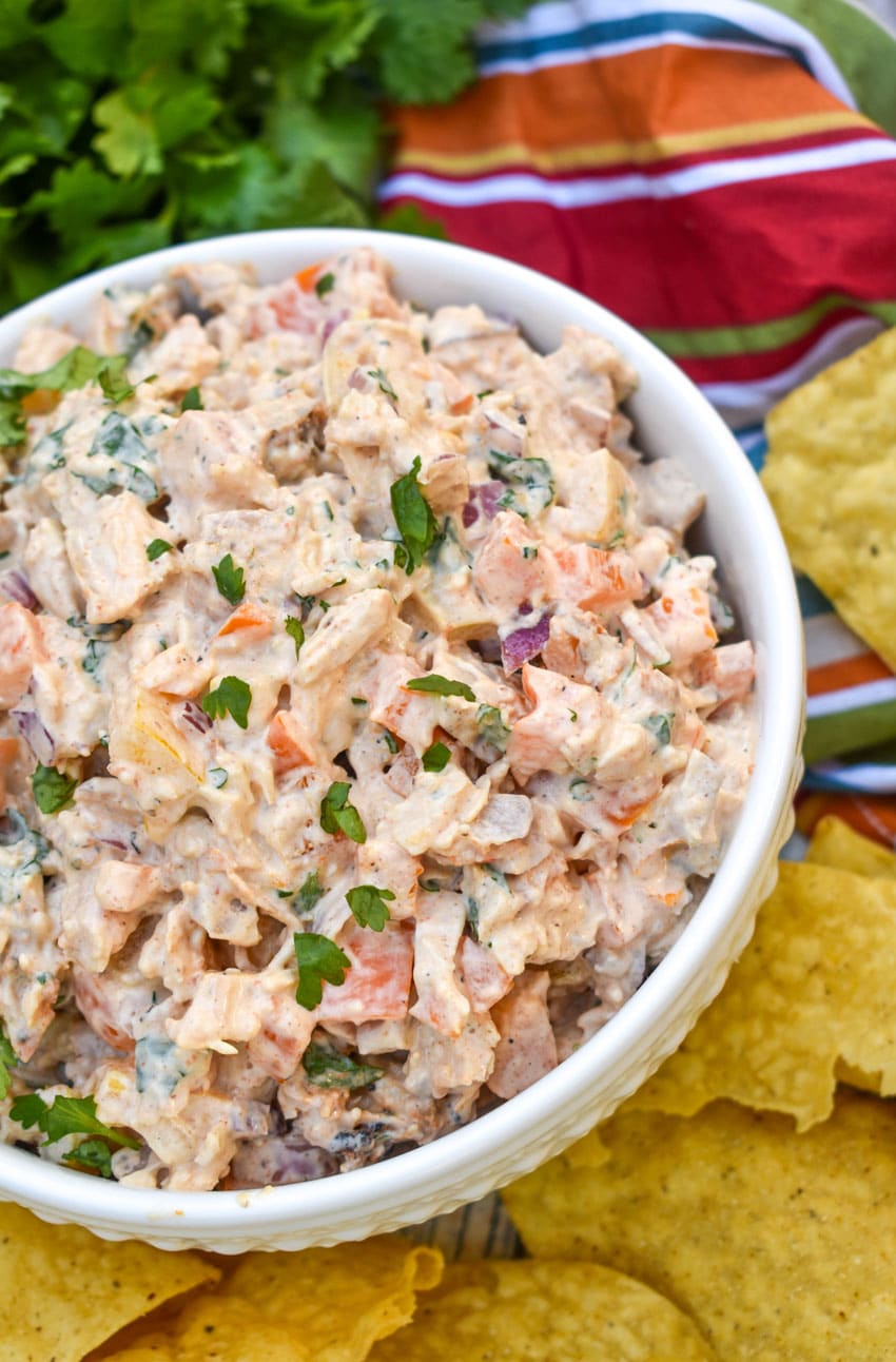 fajita chicken salad in a white serving bowl
