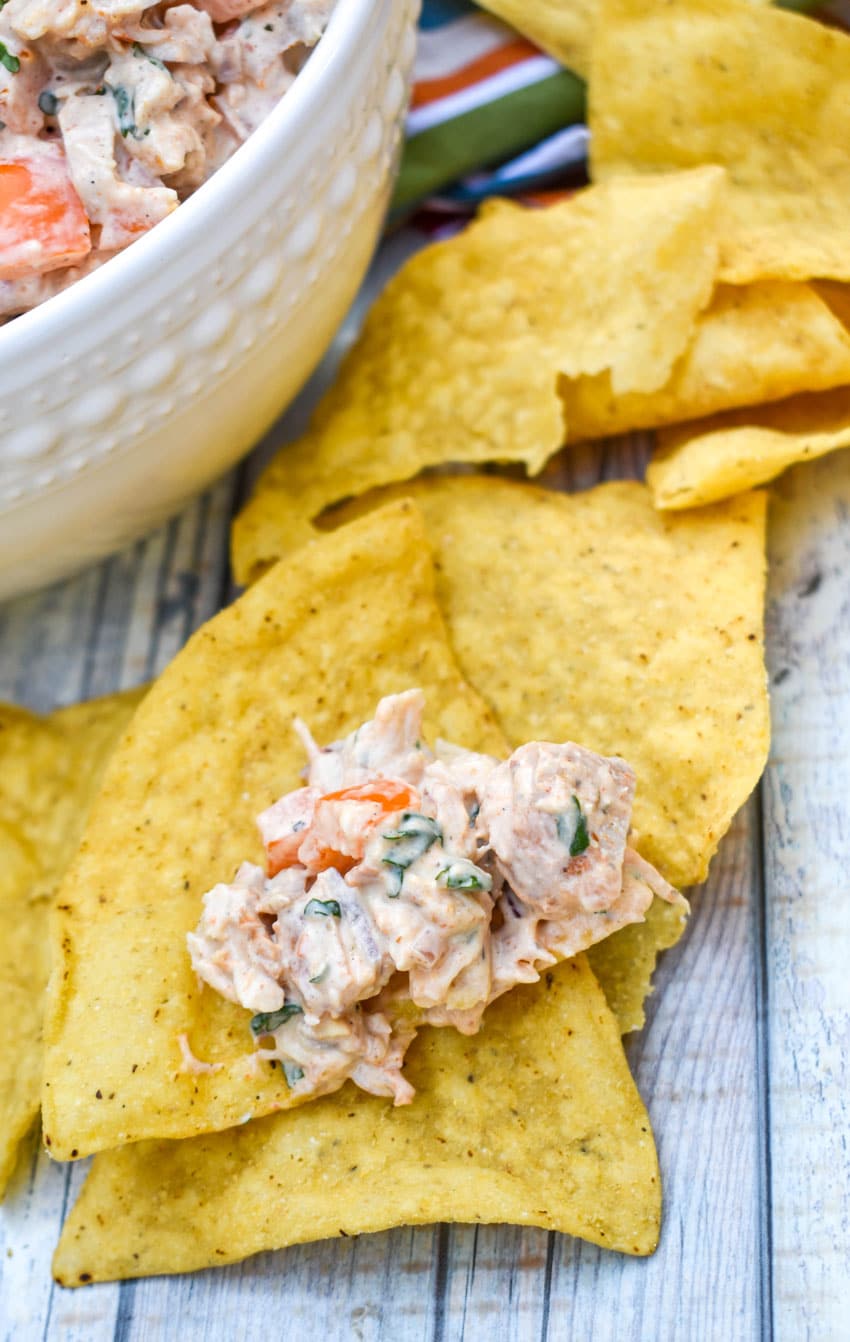 a scoop of fajita chicken salad on a pile of corn tortilla chips