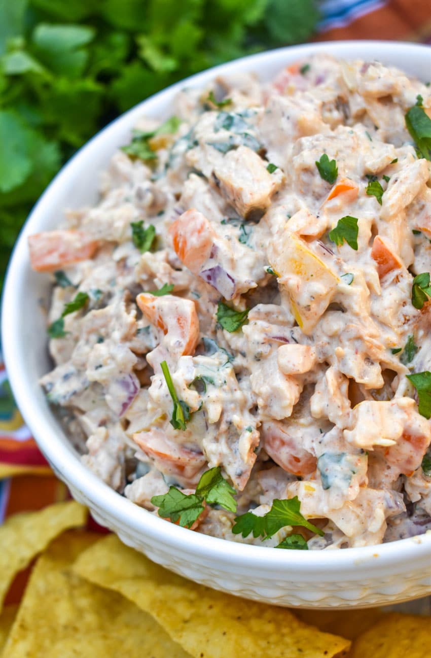 fajita chicken salad in a white serving bowl