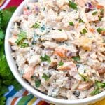 fajita chicken salad in a white serving bowl