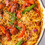 homemade pork lo mein in a large skillet
