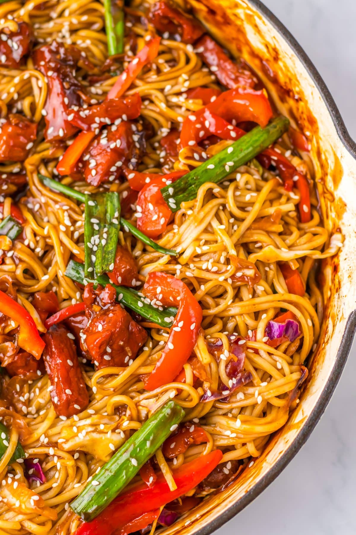 homemade pork lo mein in a large skillet