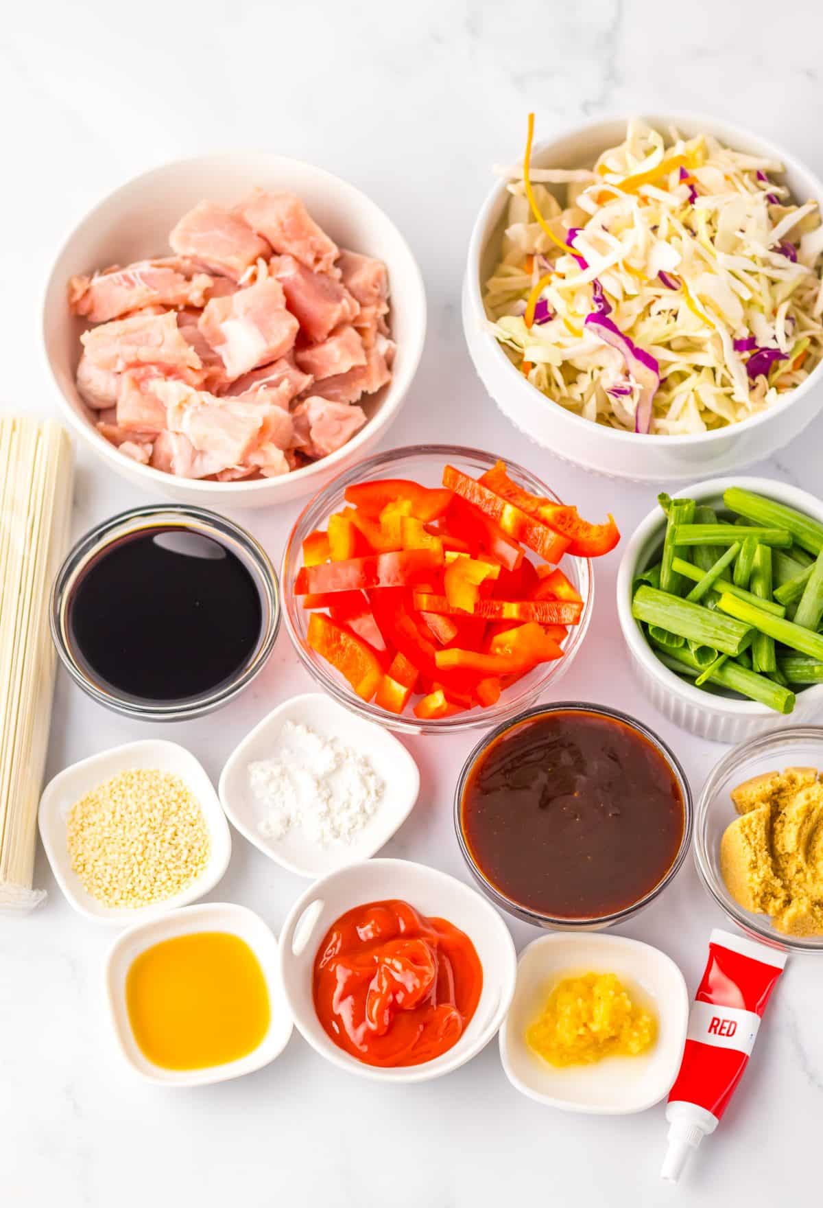 an overhead image showing the measured ingredients needed to make a batch of homemade pork lo mein