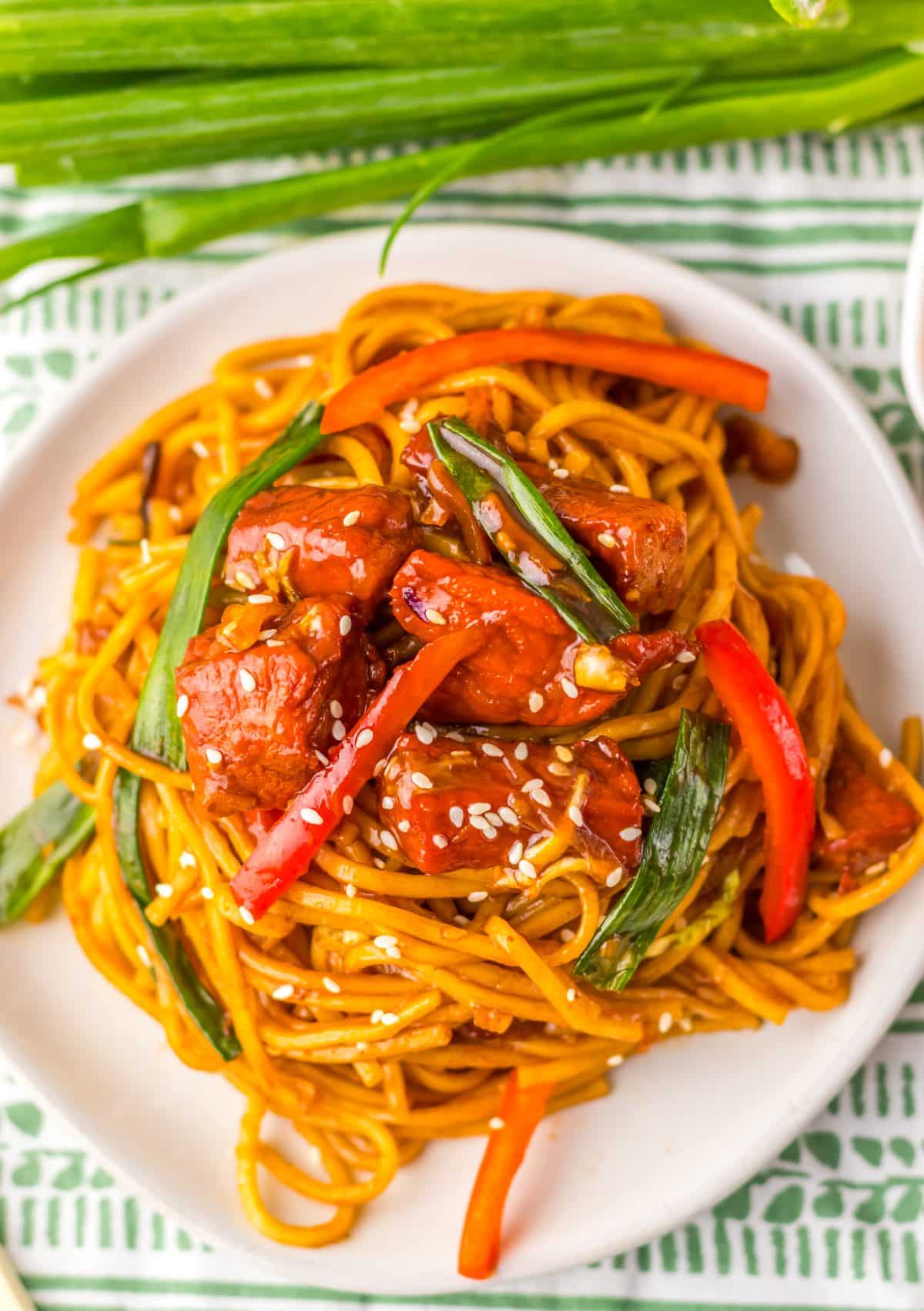 pork lo mein served on a small white plate