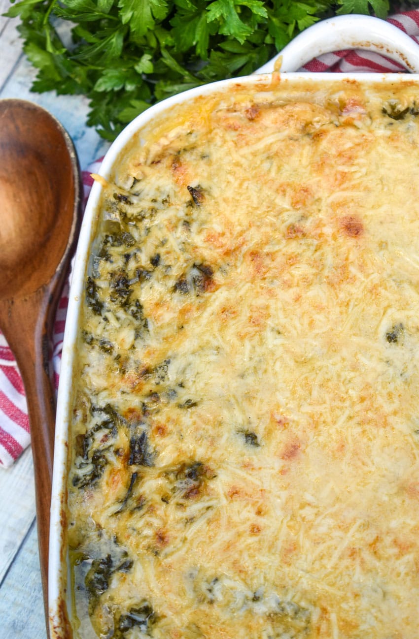 zuppa toscana casserole in a white baking dish