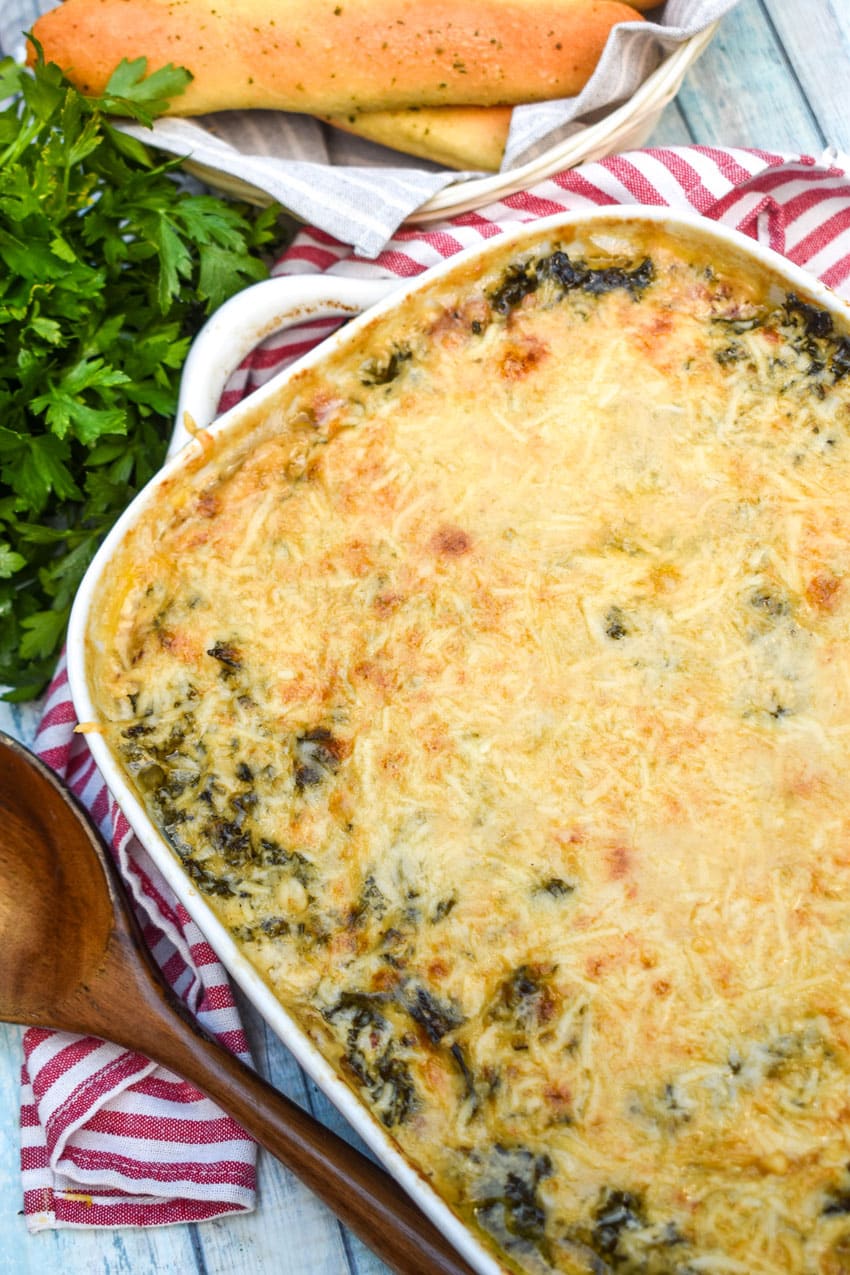 zuppa toscana casserole in a white baking dish