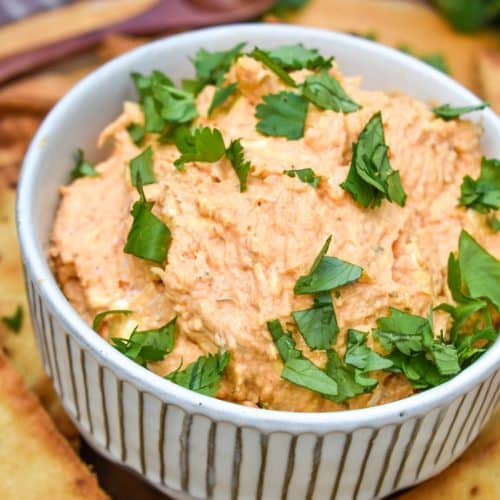 chicken tikka masala dip in a small white bowl surrounded by baked naan bread chips