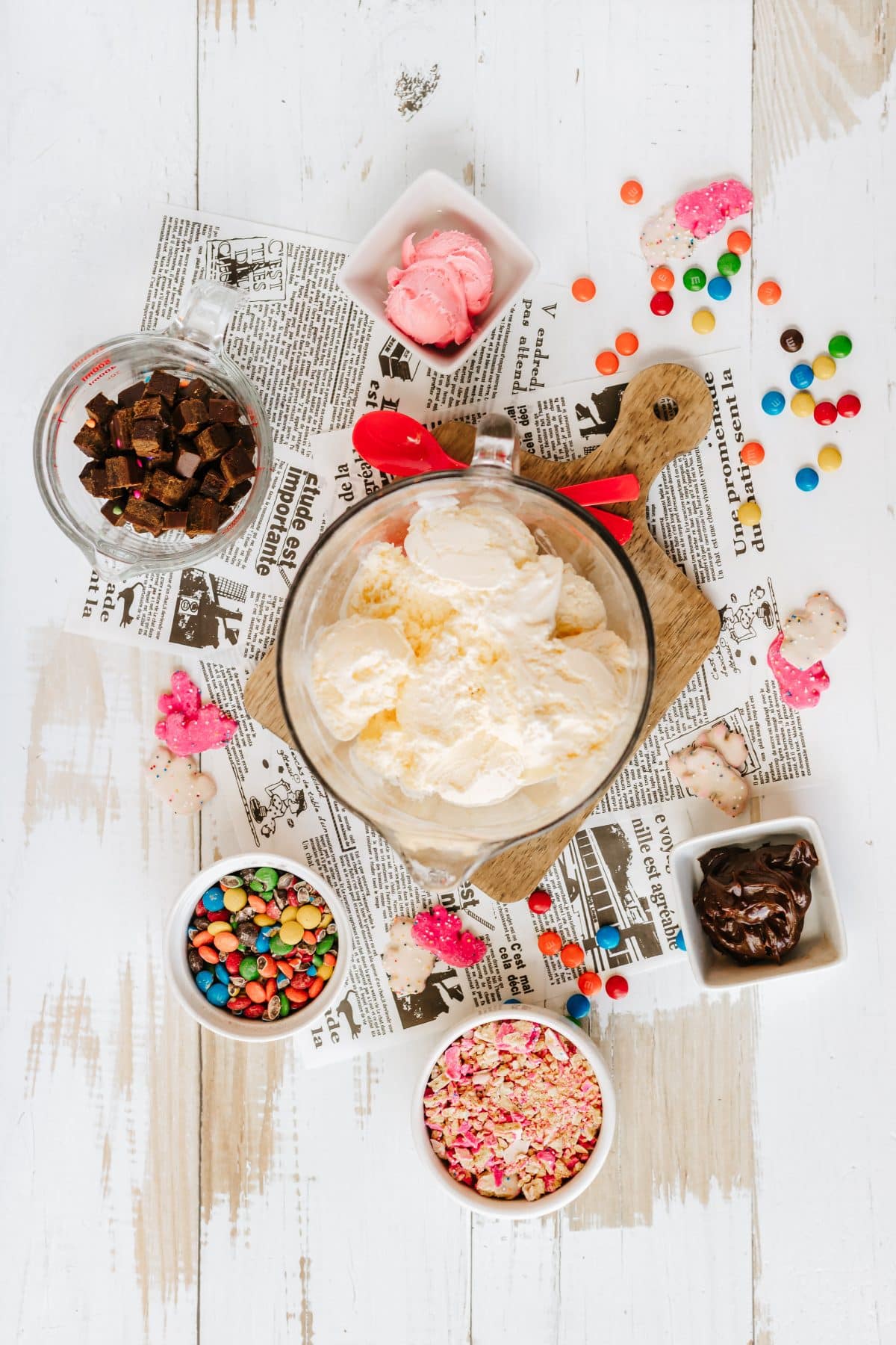 an overhead image showing the measured ingredients needed to make homemade blizzards from dairy queen
