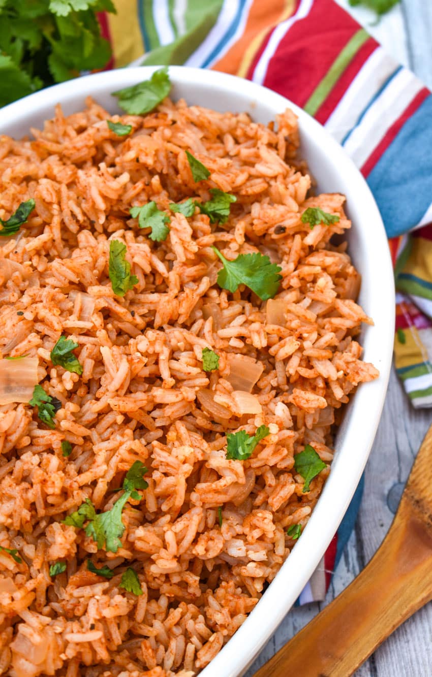 instant pot spanish rice in a white serving dish