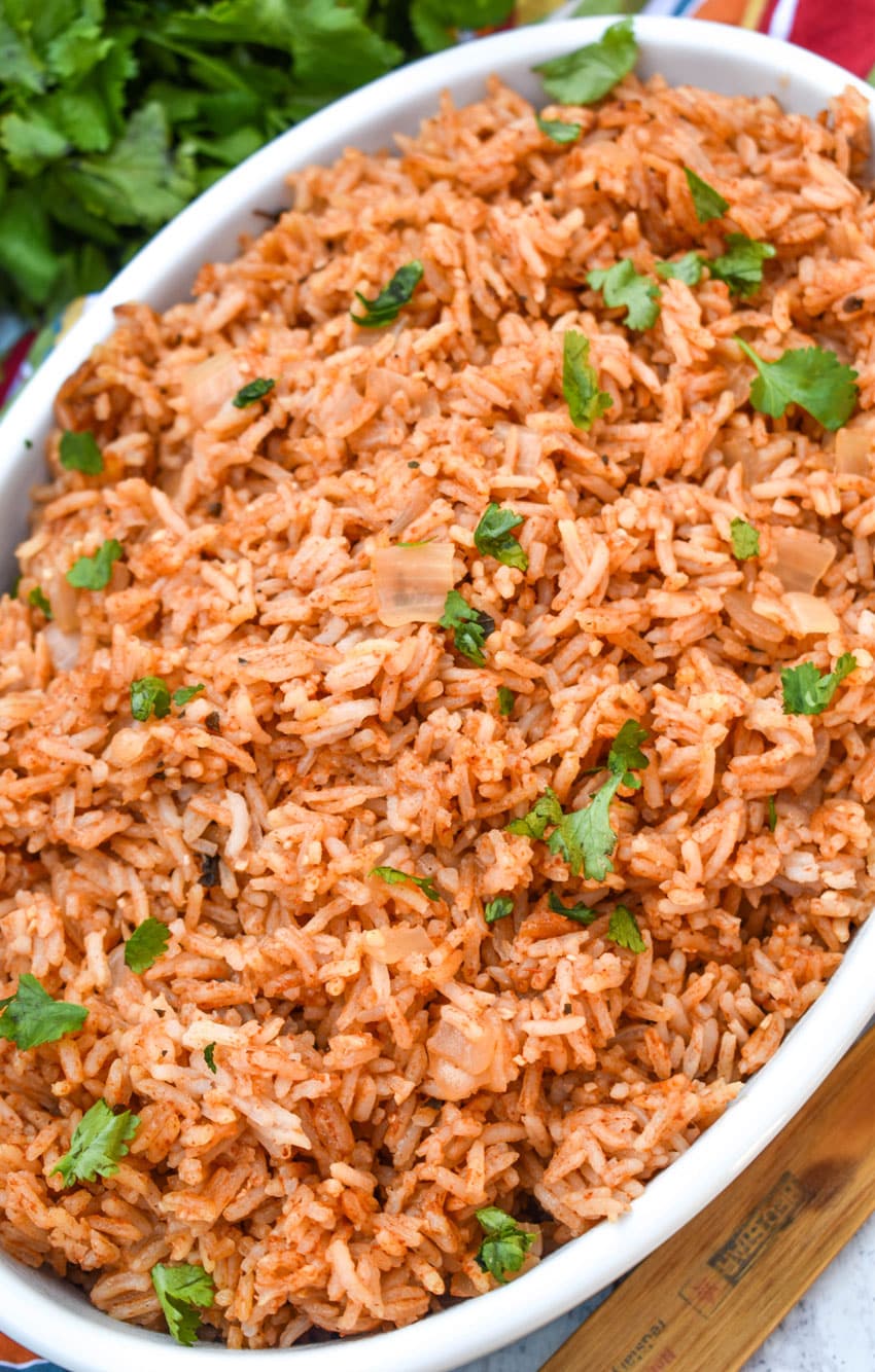 instant pot spanish rice in a white serving dish