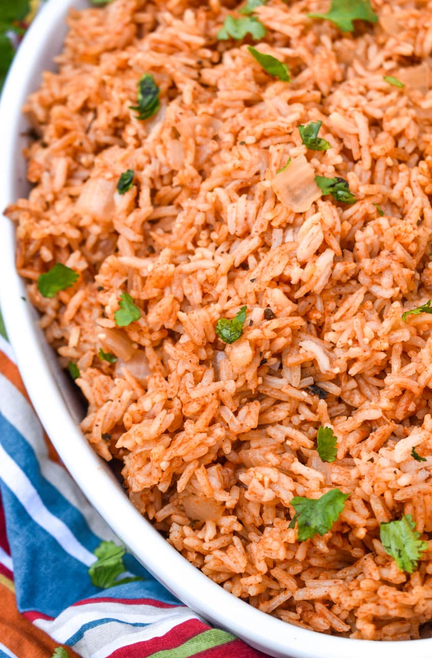 instant pot spanish rice in a white serving dish