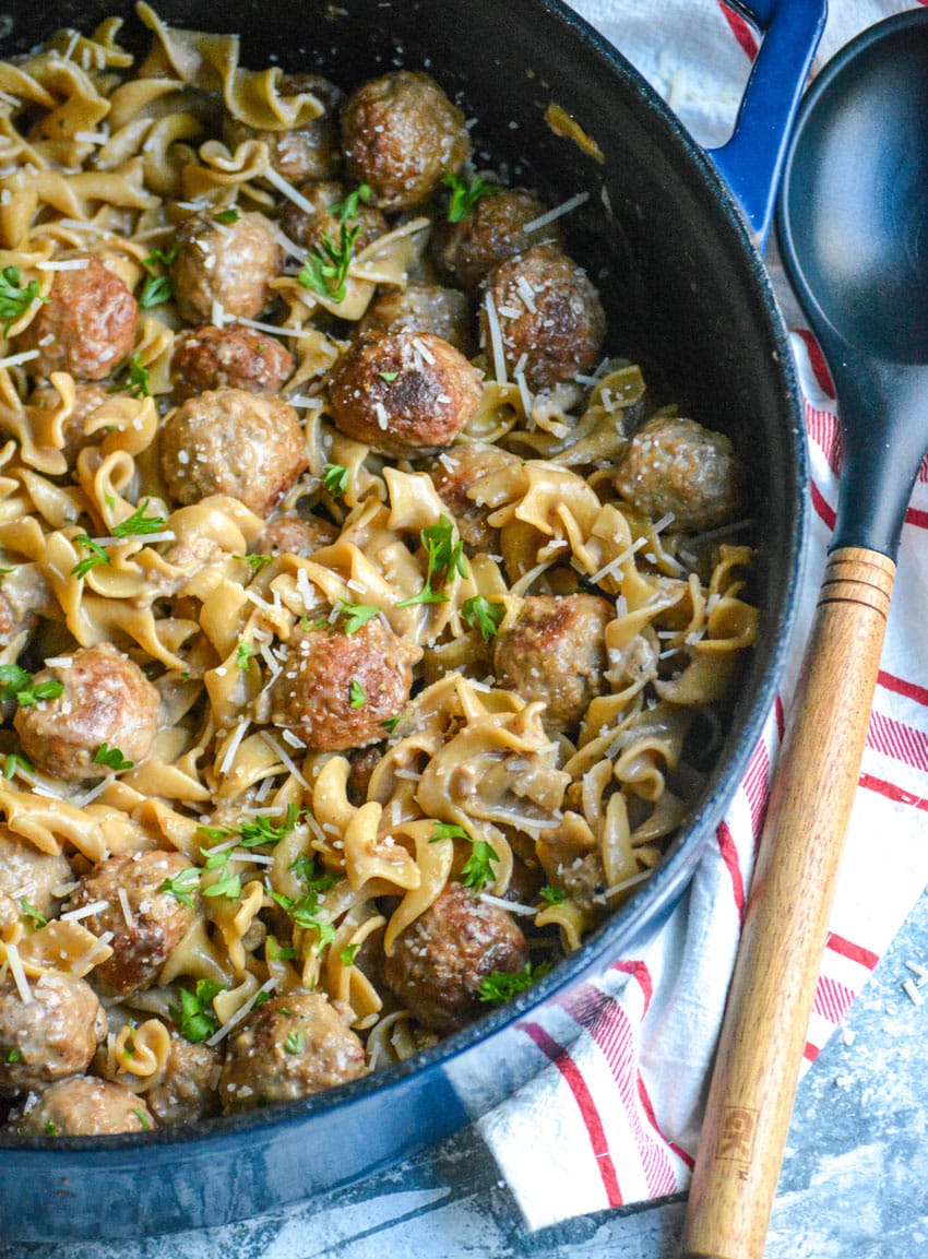 swedish meatball pasta in a large cast iron pot