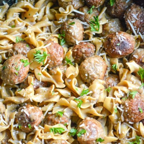 swedish meatball pasta in a large cast iron pot
