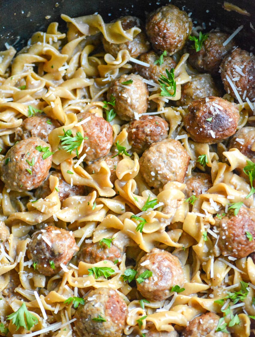 swedish meatball pasta in a large cast iron pot