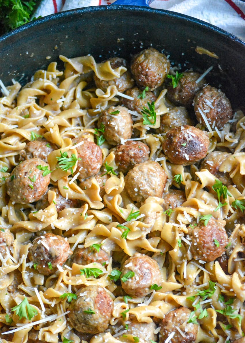 One Pot Swedish Meatball Pasta swedish meatball pasta in a large cast iron pot