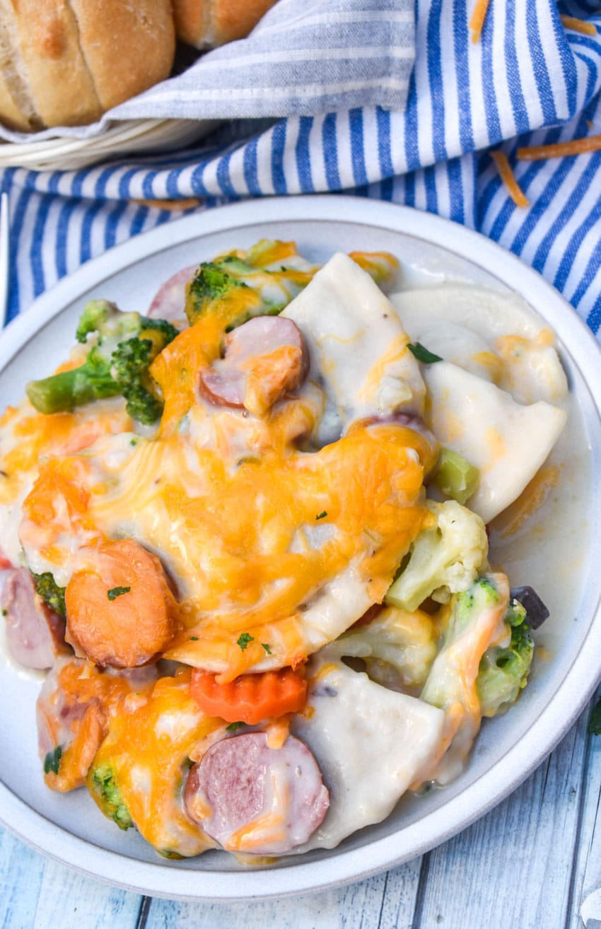 dump and bake pierogi casserole served on a small white dinner plate