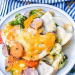 dump and bake pierogi casserole served on a small white dinner plate