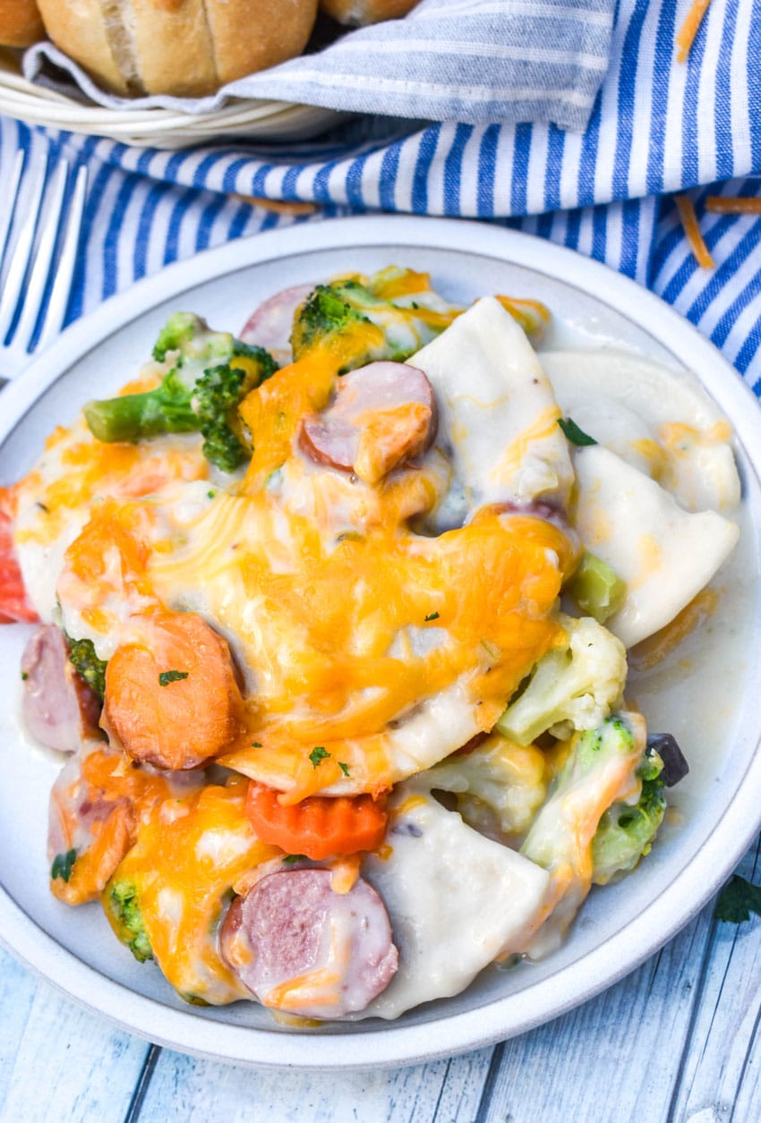 Dump And Bake Pierogi Casserole dump and bake pierogi casserole served on a small white dinner plate