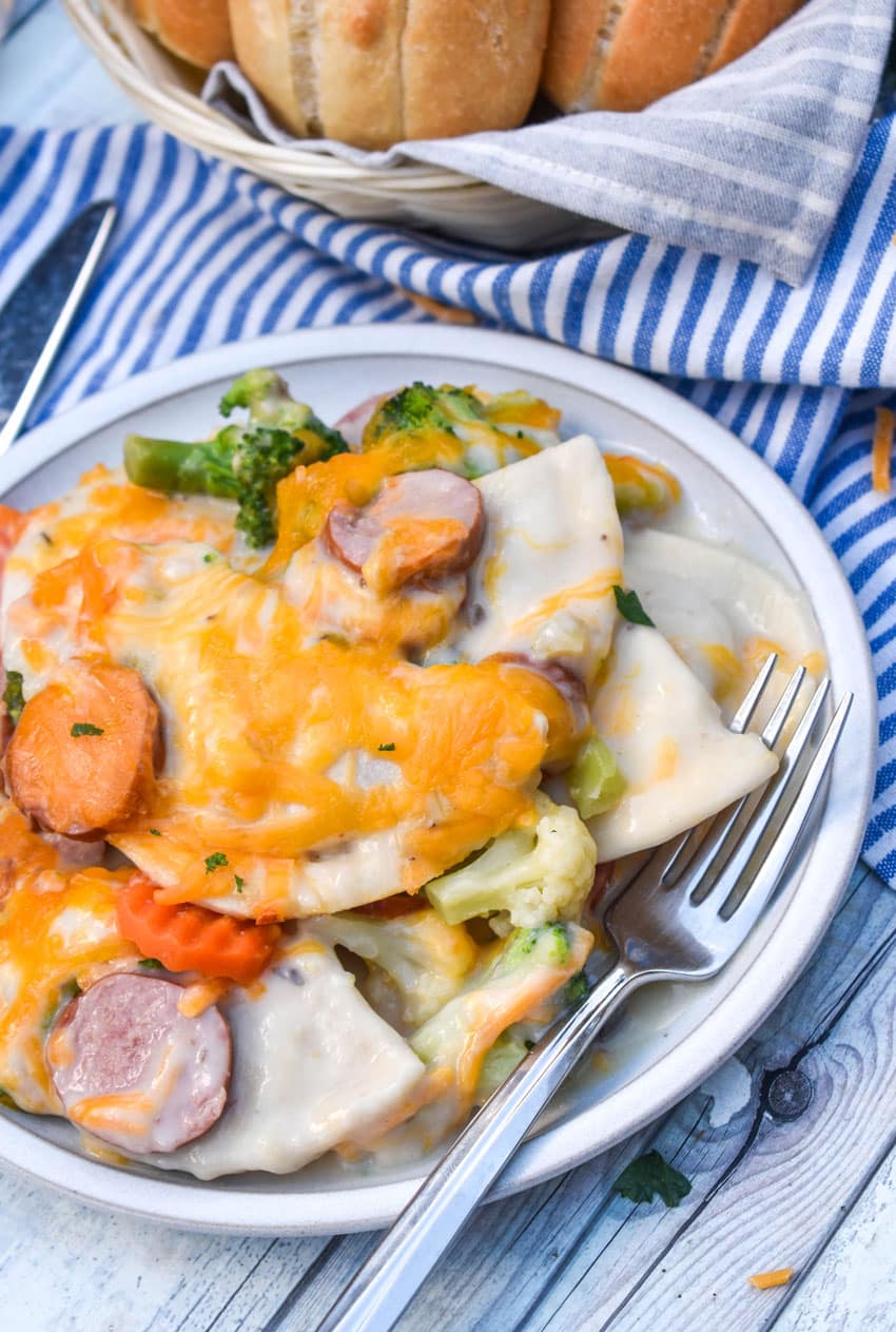 dump and bake pierogi casserole served on a small white dinner plate