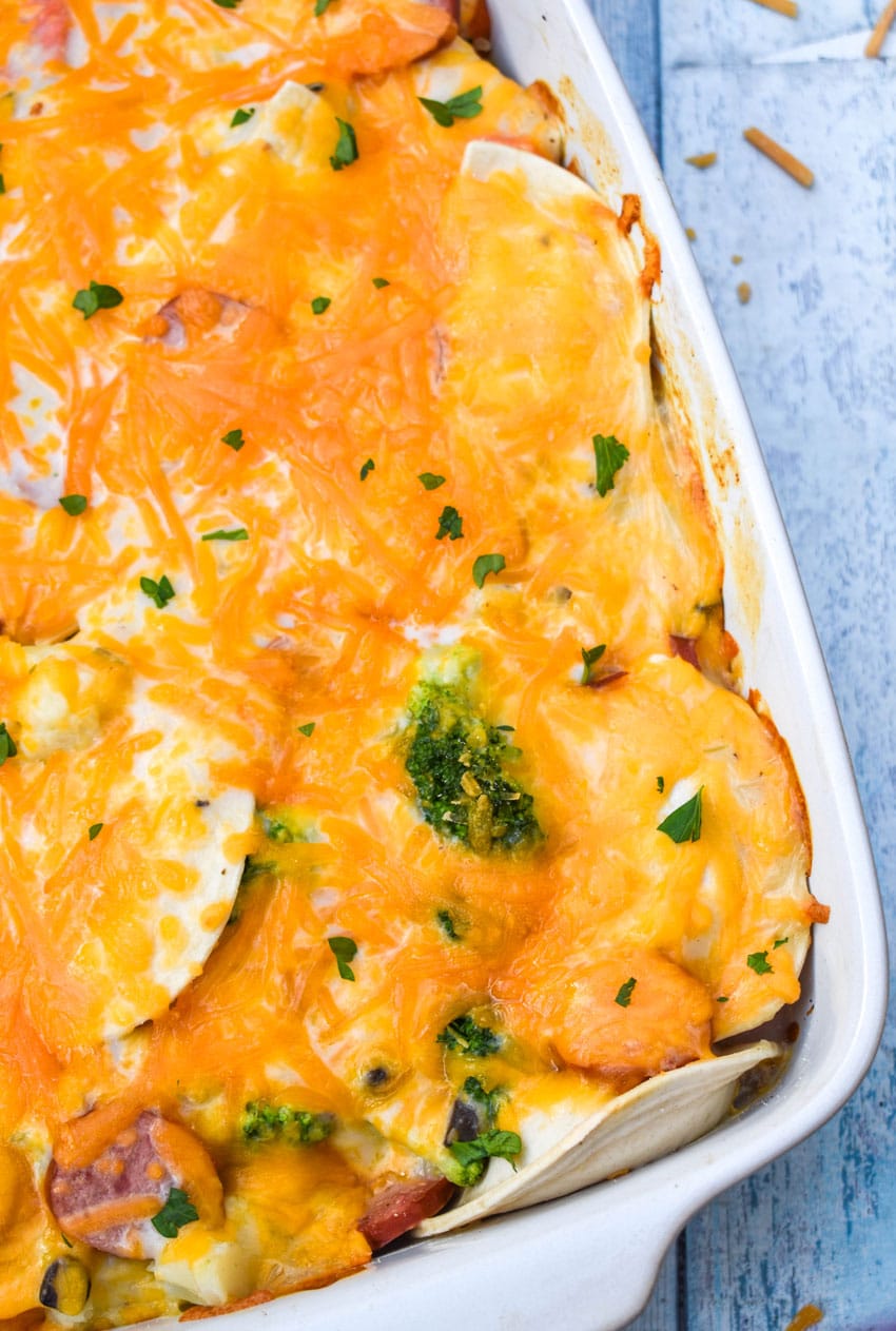 dump and bake pierogi casserole in a white casserole dish