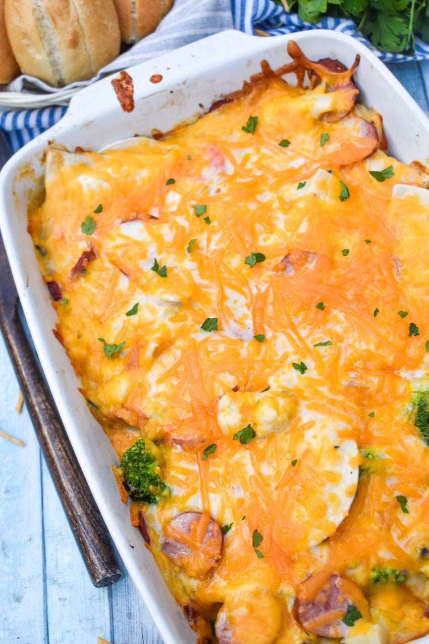 dump and bake pierogi casserole in a white casserole dish