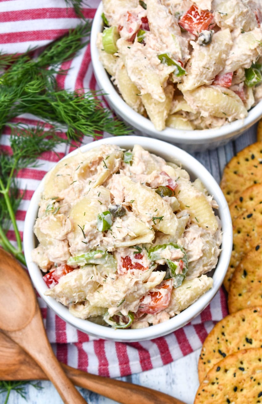 canned salmon pasta salad in two small white ramekins