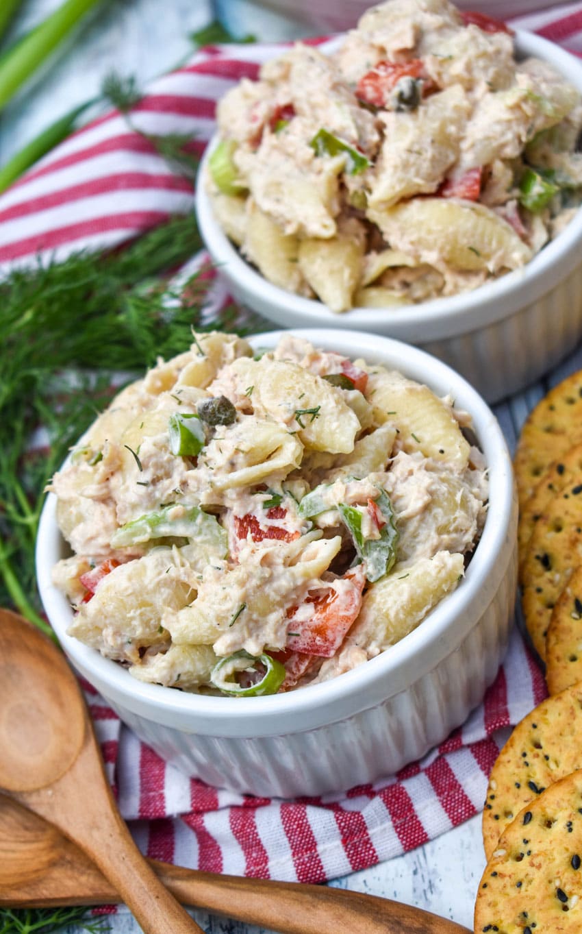 canned salmon pasta salad in two small white ramekins