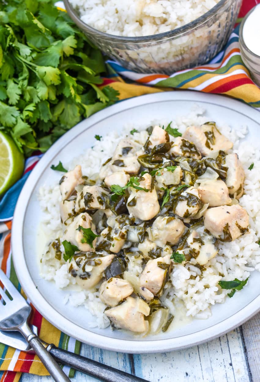 CREAMY POBLANO CHICKEN OVER STEAMED WHITE RICE ON A WHITE PLATE