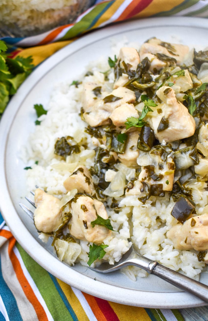 A SILVER FORK SCOOPING CREAMY POBLANO CHICKEN WITH RICE OFF A WHITE DINNER PLATE
