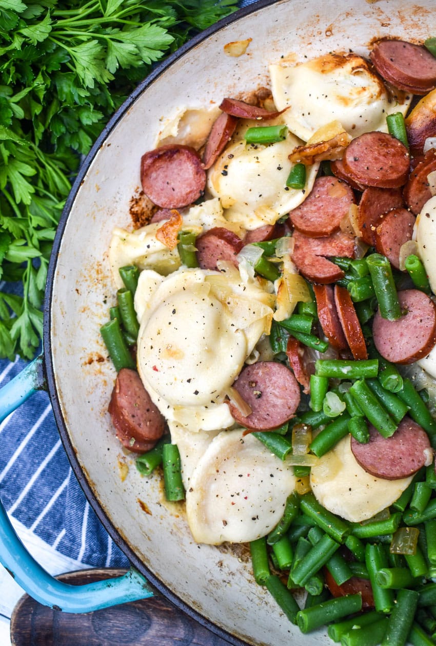 One Pot Sausage And Pierogi in a large cast iron skillet