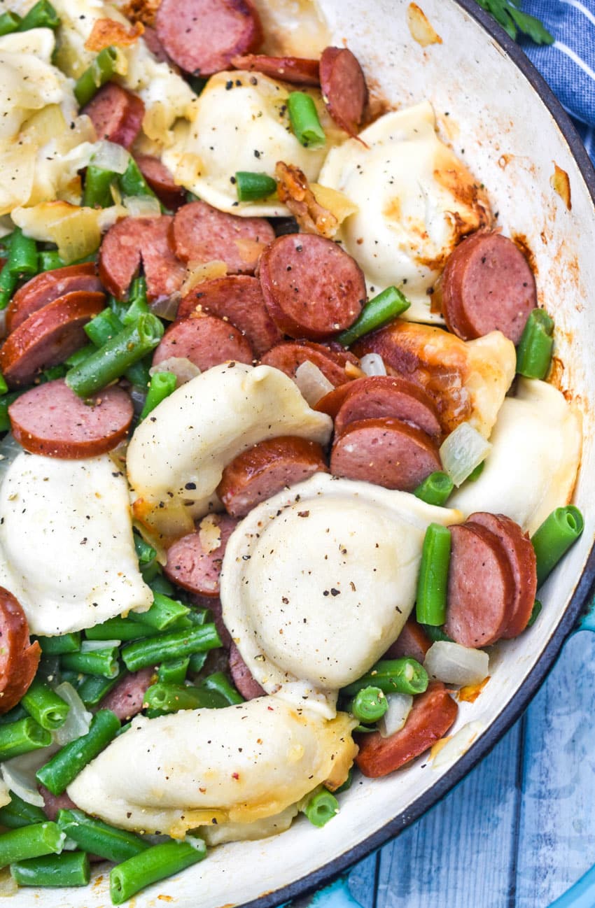 One Pot Sausage And Pierogi in a large cast iron skillet