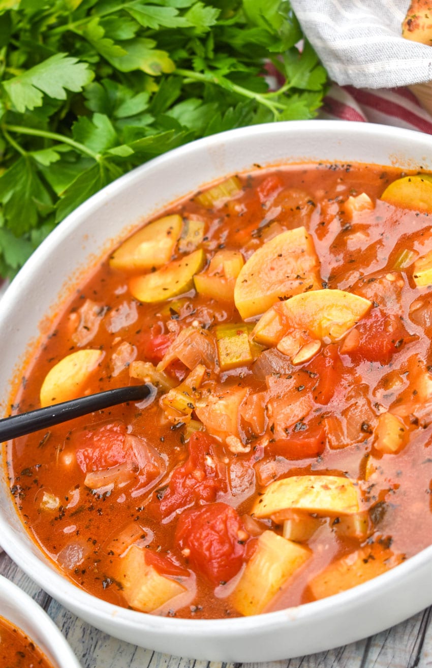 Italian summer soup in a white bowl
