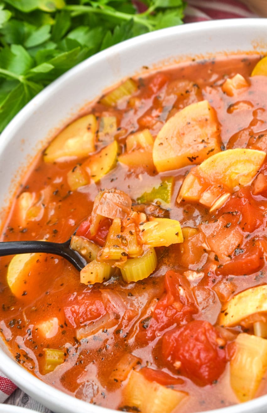 Italian summer soup in a white bowl
