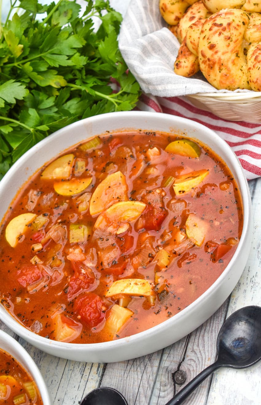 Italian summer soup in a white bowl