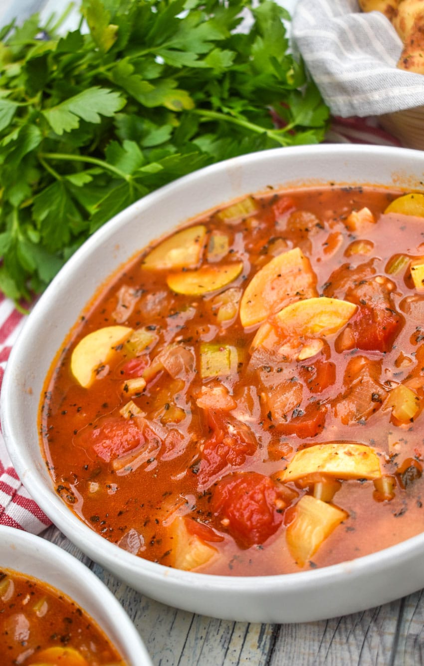 Italian summer soup in a white bowl
