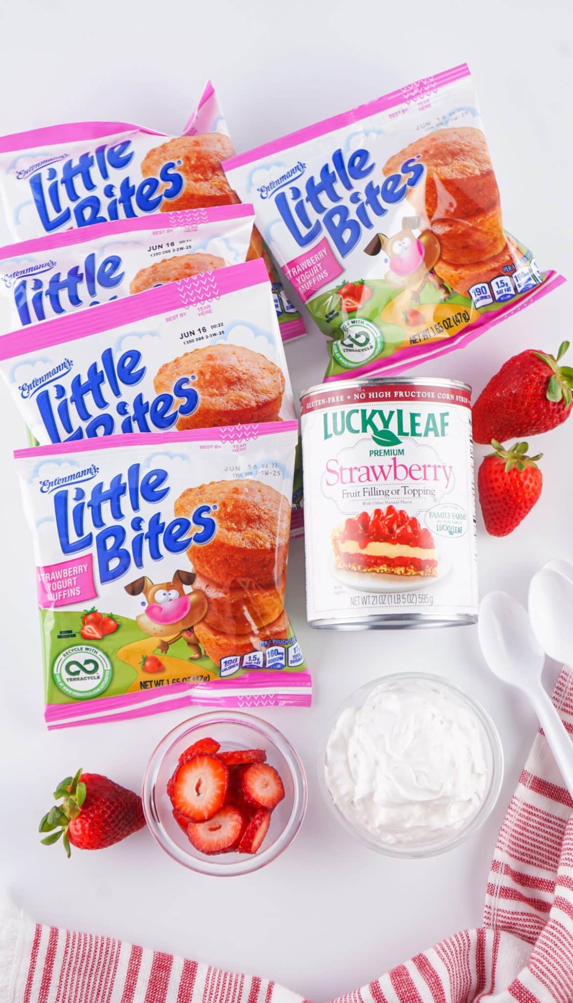 an overhead image showing the measured ingredients needed to make a batch of walking strawberry shortcake desserts