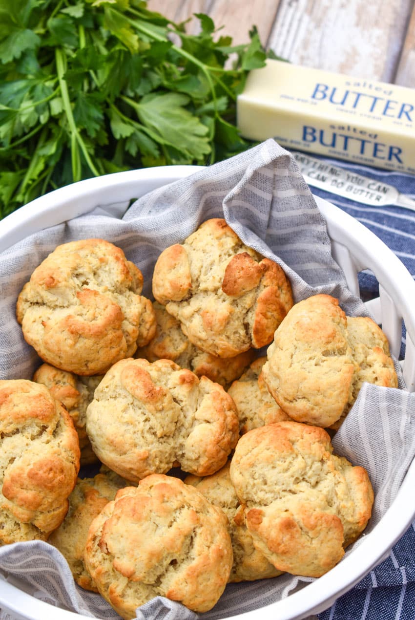 easy drop biscuits in a white bread bowl