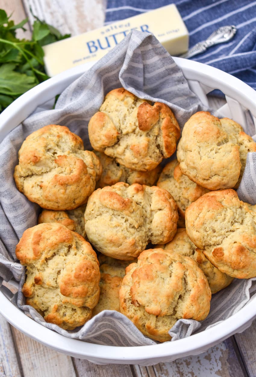 easy drop biscuits in a white bread bowl
