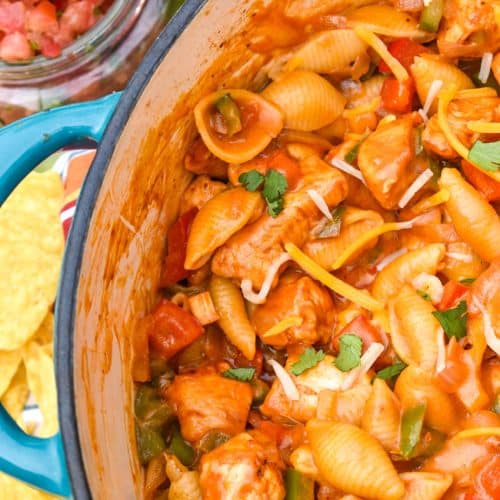 cheesy chicken fajita pasta in a large dutch oven