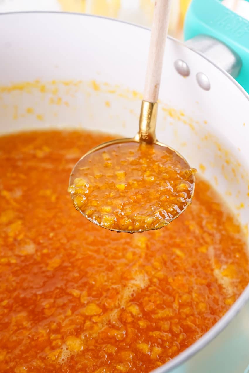 a silver ladle holding up a scoop of homemade marmalade made with no pectin